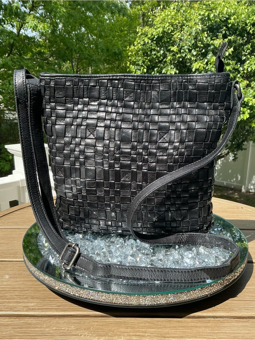Vilenca Holland Soft Woven Leather Crossbody Shoulder Boho Bag Black Gunmetal
